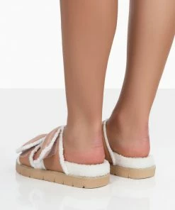 Public Desire UK NEW IN Rinc Nude Pu Faux Fur Slide Sandals