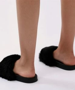 Public Desire UK Sliders Kabuki Slider In Black Faux Fur