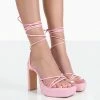 Public Desire UK Bring It Pink Pu Square Toe Lace Up Strappy Platform Thin Block Heels
