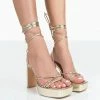 Public Desire UK Bring It Gold Pu Square Toe Lace Up Strappy Platform Thin Block Heels