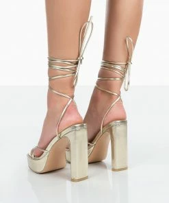 Public Desire UK Bring It Gold Pu Square Toe Lace Up Strappy Platform Thin Block Heels