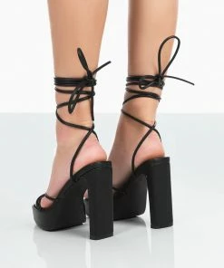 Public Desire UK NEW IN Bring It Black Pu Square Toe Lace Up Strappy Platform Thin Block Heels