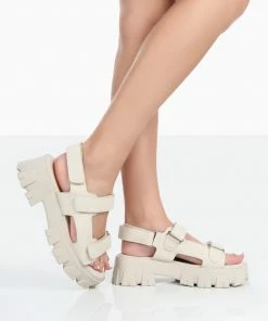 Public Desire UK NEW IN Brighton Wide Fit Ecru Nylon Flatform Open Toe Sandals