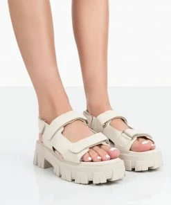 Public Desire UK NEW IN Brighton Wide Fit Ecru Nylon Flatform Open Toe Sandals