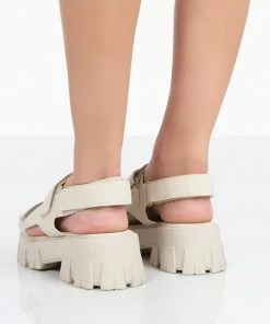 Public Desire UK NEW IN Brighton Wide Fit Ecru Nylon Flatform Open Toe Sandals