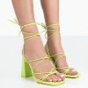 Public Desire UK NEW IN Coco Lime Grain Square Toe Strappy Lace Up Block Heels