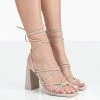 Public Desire UK NEW IN Coco Taupe Grain Square Toe Strappy Lace Up Block Heels