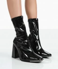 Public Desire UK NEW IN Liberty Wide Fit Black Patent Sock High Heeled Ankle Boots