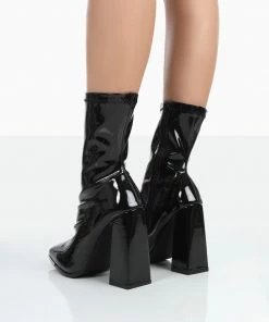 Public Desire UK NEW IN Liberty Wide Fit Black Patent Sock High Heeled Ankle Boots