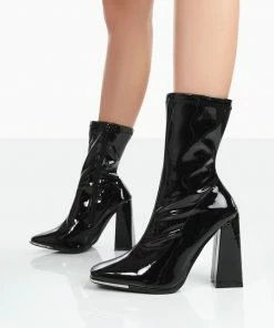 Public Desire UK NEW IN Liberty Wide Fit Black Patent Sock High Heeled Ankle Boots