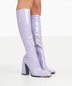 Public Desire UK Caryn Lilac Patent Knee High Heeled Boots NEW IN