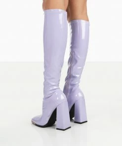 Public Desire UK Caryn Lilac Patent Knee High Heeled Boots NEW IN