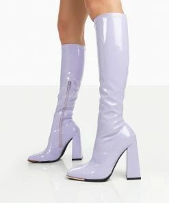 Public Desire UK Caryn Lilac Patent Knee High Heeled Boots NEW IN