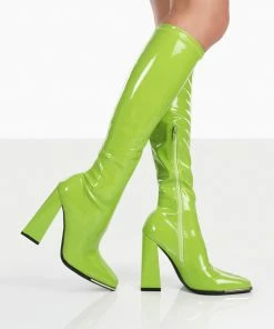 Public Desire UK Caryn Lime Patent Knee High Heeled Boots 6 Public Desire UK Caryn Lime Patent Knee High Heeled Boots