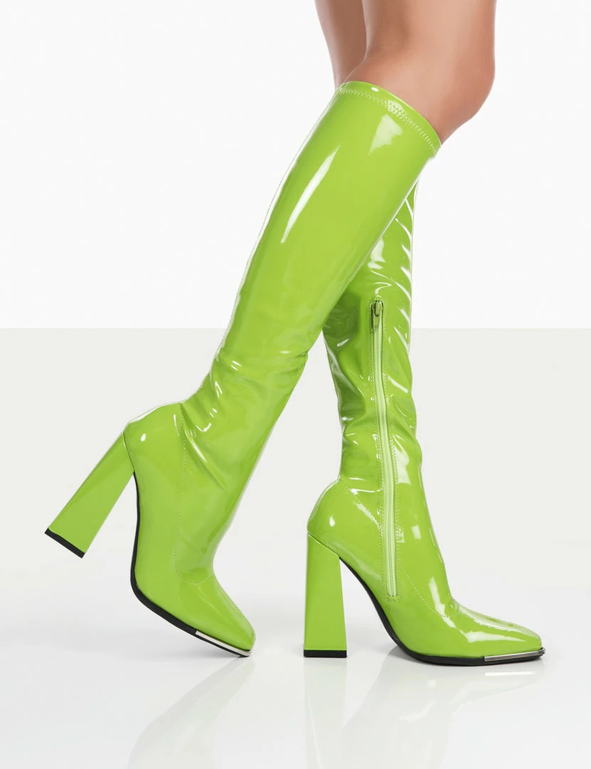 Public Desire UK Caryn Lime Patent Knee High Heeled Boots 3 Public Desire UK Caryn Lime Patent Knee High Heeled Boots