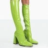 Public Desire UK Caryn Lime Patent Knee High Heeled Boots