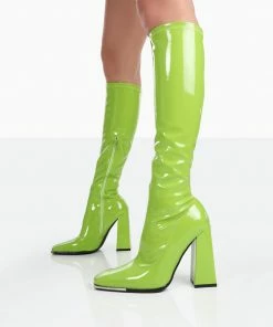Public Desire UK Caryn Lime Patent Knee High Heeled Boots