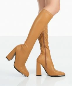 Public Desire UK Caryn Camel Grain Pu Patent Knee High Heeled Boots