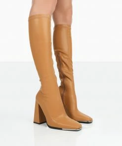 Public Desire UK Caryn Camel Grain Pu Patent Knee High Heeled Boots