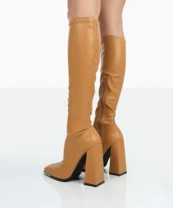 Public Desire UK Caryn Camel Grain Pu Patent Knee High Heeled Boots