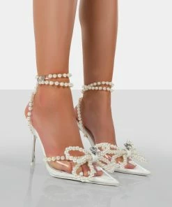 Public Desire UK Pearl Bow Perspex Wrap Around Party Pointed Toe Stiletto Court Heels NEW IN