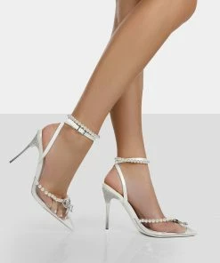Public Desire UK Pearly Pearlescent White Wrap Around Party Pointed Toe Stiletto Court Heels
