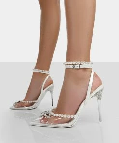 Public Desire UK Pearly Pearlescent White Wrap Around Party Pointed Toe Stiletto Court Heels