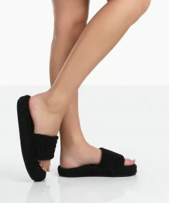 Public Desire UK Juicy Black Terry Towelling Slider Slippers NEW IN