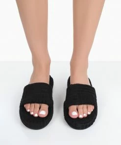 Public Desire UK Juicy Black Terry Towelling Slider Slippers NEW IN