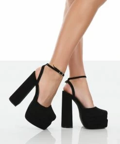 Public Desire UK NEW IN Moonchild Wide Fit Black Faux Suede Closed Toe Statement Platform Block Heels
