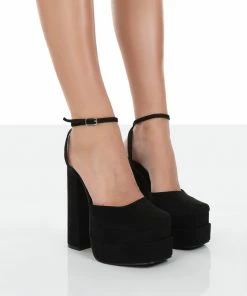 Public Desire UK NEW IN Moonchild Wide Fit Black Faux Suede Closed Toe Statement Platform Block Heels