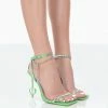 Public Desire UK NEW IN Adore Lime Satin Square Toe Barely There Ankle Wrap Heart Shape Stiletto Heels