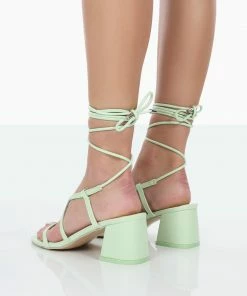 Public Desire UK Mabel Wide Fit Mint PU Ankle Tie Mid Block Heeled Sandals