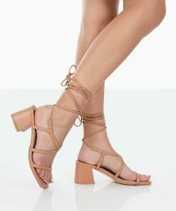Public Desire UK Mabel Wide Fit Nude PU Ankle Tie Mid Block Heeled Sandals Heels