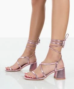 Public Desire UK Mabel Pink Metallic Ankle Tie Block Heeled Sandals NEW IN
