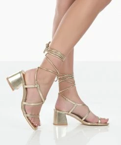 Public Desire UK NEW IN Mabel Gold Metallic Ankle Tie Block Heeled Sandals