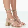 Public Desire UK NEW IN Mabel Gold Metallic Ankle Tie Block Heeled Sandals