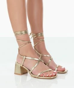 Public Desire UK NEW IN Mabel Gold Metallic Ankle Tie Block Heeled Sandals