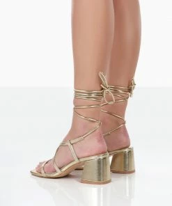 Public Desire UK NEW IN Mabel Gold Metallic Ankle Tie Block Heeled Sandals