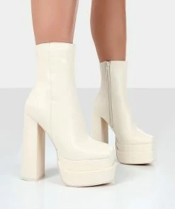 Public Desire UK Supine Ecru PU Chunky Platform High Heeled Ankle Boots