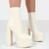 Public Desire UK NEW IN Supine Wide Fit Ecru Pu Chunky Platform High Heeled Ankle Boots