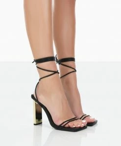 Public Desire UK Either Way Black Pu Square Toe Lace Up Thin Block Heels