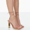 Public Desire UK NEW IN Either Way Nude Pu Square Toe Lace Up Thin Block Heels