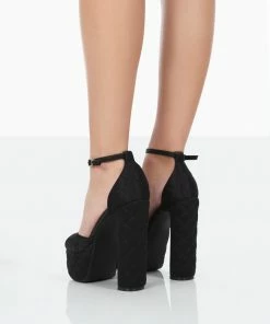 Public Desire UK Kylie Black Padded Nylon High Heel Peep Toe Platform Block Heels NEW IN