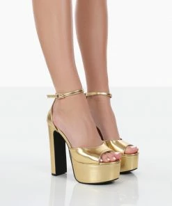 Public Desire UK Kylie Gold Pu High Heel Peep Toe Platform Block Heels