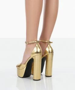 Public Desire UK Kylie Gold Pu High Heel Peep Toe Platform Block Heels