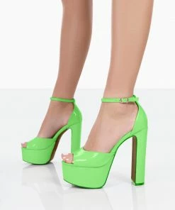Public Desire UK Kylie Wide Fit Lime Patent High Heel Peep Toe Platform Block Heels