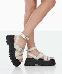Public Desire UK Follow Wide Fit Stone PU Croc Chunky Buckle Sandals