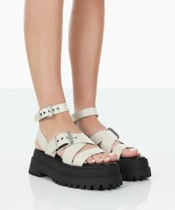 Public Desire UK Follow Wide Fit Stone PU Croc Chunky Buckle Sandals