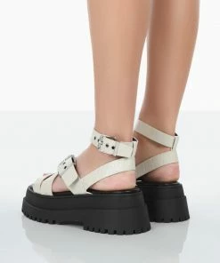 Public Desire UK Follow Wide Fit Stone PU Croc Chunky Buckle Sandals